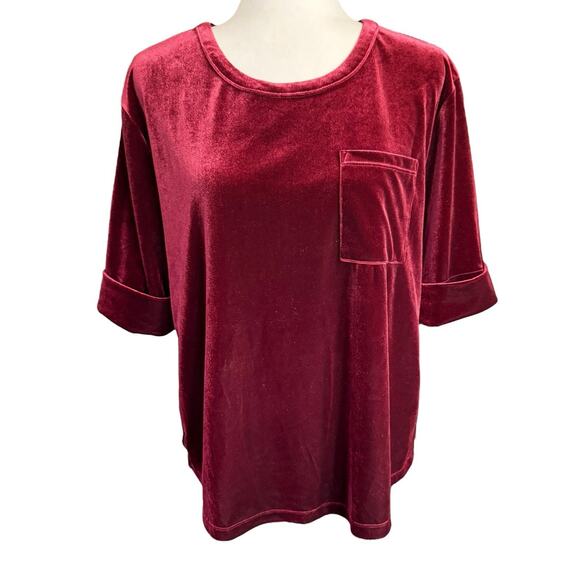 RALPH LAUREN L Women Burgundy Stretch Velvet Velour Pullover S/S Pocket Top - Picture 1 of 12